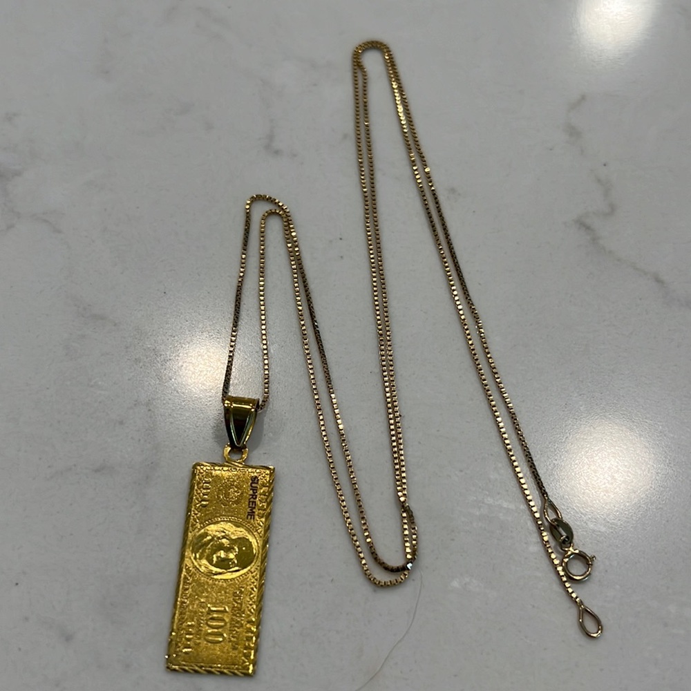 Authentic 14k Supreme 100 Dollar Bill Pendant Gold with 25.5” Gold Chain